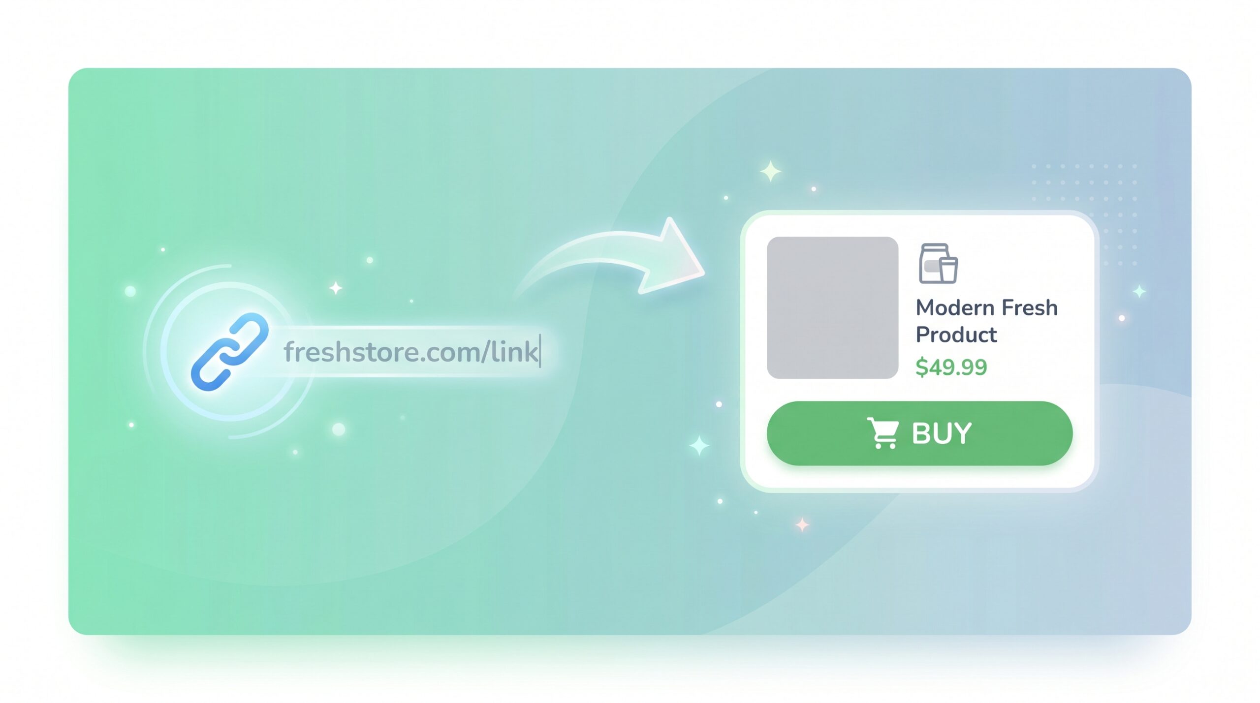 FreshStore Product Link Importer hero illustration: a URL flowing into a fully assembled product card.